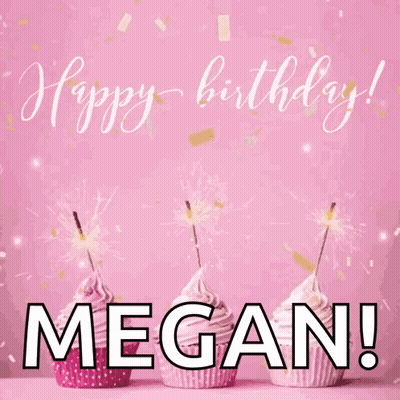 a happy birthday megan greeting card with pink cupcakes and sparklers