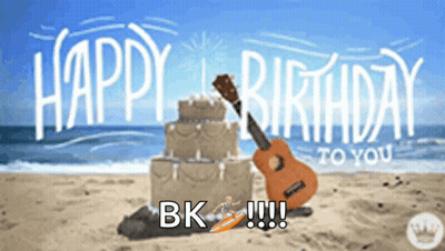A Happy Birthday Message With A Cake And A Guitar On The Beach GIF