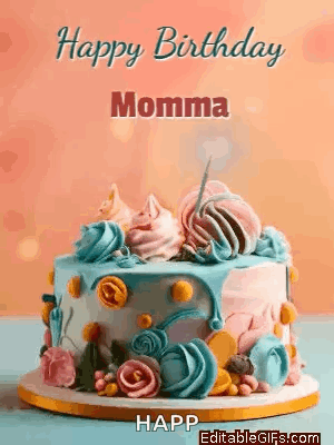 A Happy Birthday Momma Greeting Card With A Colorful Cake GIF