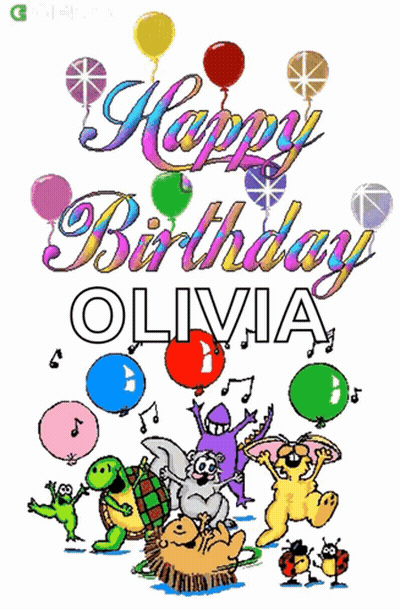 A Happy Birthday Olivia Greeting Card With Balloons And Animals GIF