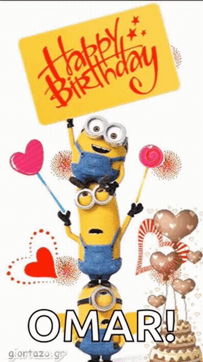 A Happy Birthday Omar Card With Minions Holding Balloons And Lollipops GIF