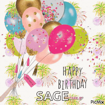 A Happy Birthday Sage Card With A Bunch Of Colorful Balloons GIF