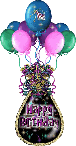 A Happy Birthday Sign With Balloons And Confetti On It Sticker