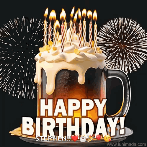 A Happy Birthday Stephen Greeting With A Beer Mug Cake With Candles GIF