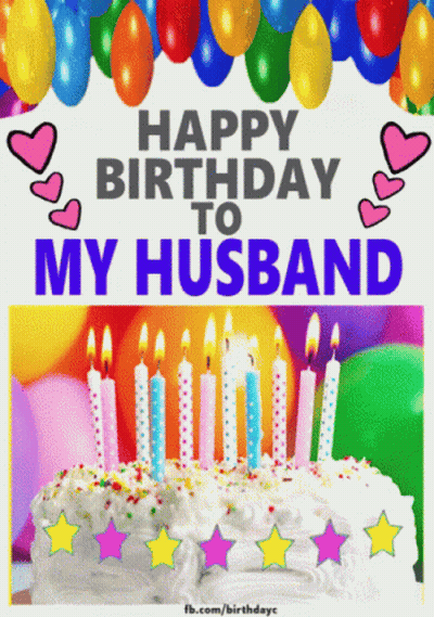 A Happy Birthday To My Husband Card With A Cake And Candles GIF