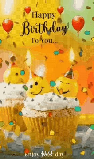 A Happy Birthday To You Greeting Card With Cupcakes , Candles And Confetti . GIF