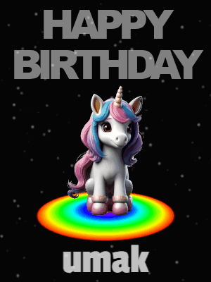 A Happy Birthday Umak Card With A Cake And A Rainbow GIF