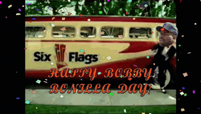 A Happy Bobby Bonilla Day Poster With A Man In Front Of A Bus GIF