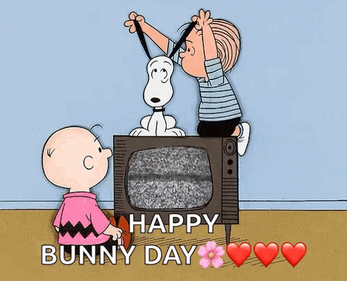 A Happy Bunny Day Greeting Card With Snoopy And Charlie Brown On A Tv GIF