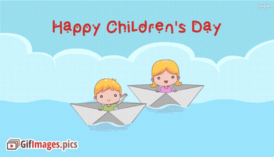 A Happy Children 'S Day Greeting Card With A Boy And Girl In Paper Boats GIF
