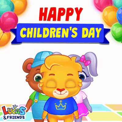 A Happy Children 'S Day Sign With A Lion And A Rabbit GIF