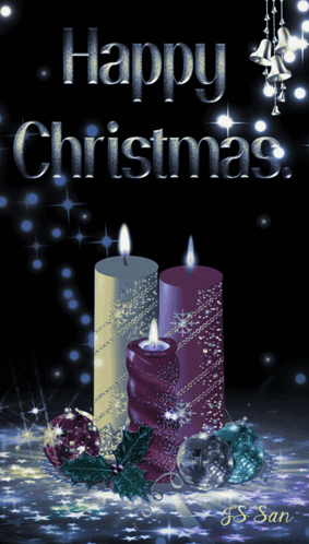 A Happy Christmas Greeting Card With Candles And Decorations GIF