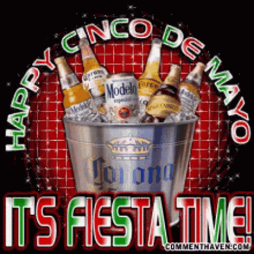 A Happy Cinco De Mayo Graphic With A Bucket Of Beer GIF