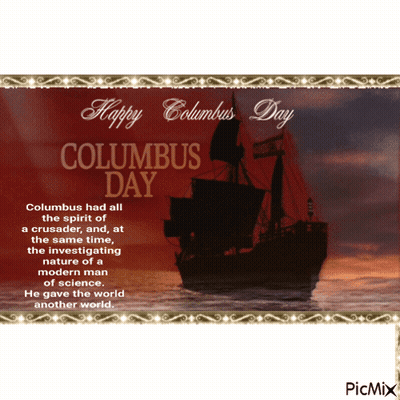 A Happy Columbus Day Card With A Ship In The Water GIF