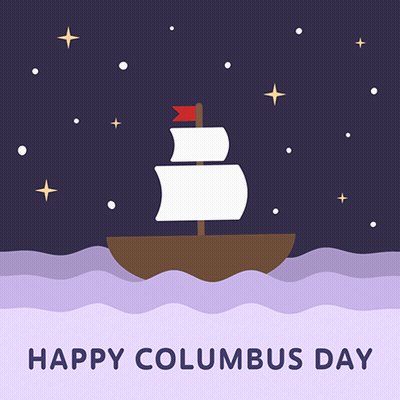 A Happy Columbus Day Greeting Card With A Boat In The Ocean GIF