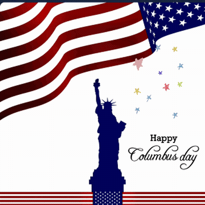 A Happy Columbus Day Poster With A Statue Of Liberty And An American Flag GIF