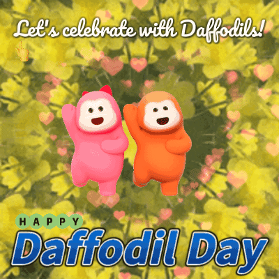 A Happy Daffodil Day Greeting Card With A Pink And Orange Teddy Bear GIF