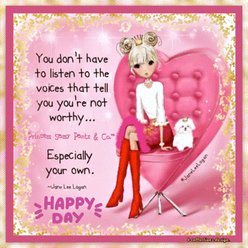 A Happy Day Card With A Girl Sitting On A Pink Heart GIF