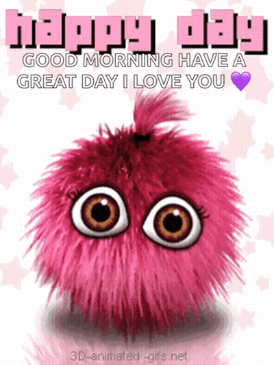 A Happy Day Greeting Card With A Pink Stuffed Animal With Big Eyes GIF