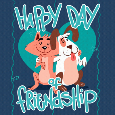 A Happy Day Of Friendship Poster With A Cat And A Dog Hugging GIF