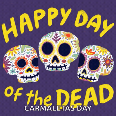 A Happy Day Of The Dead Poster With Three Sugar Skulls On A Purple Background GIF