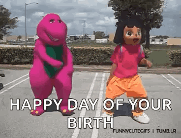 A Happy Day Of Your Birth Greeting Card With Barney And Dora Dancing GIF