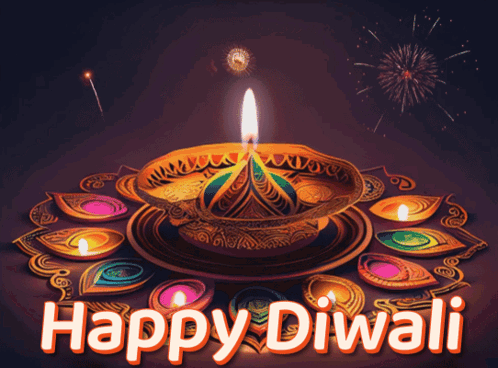 A Happy Diwali Greeting Card With A Lit Candle And Fireworks GIF