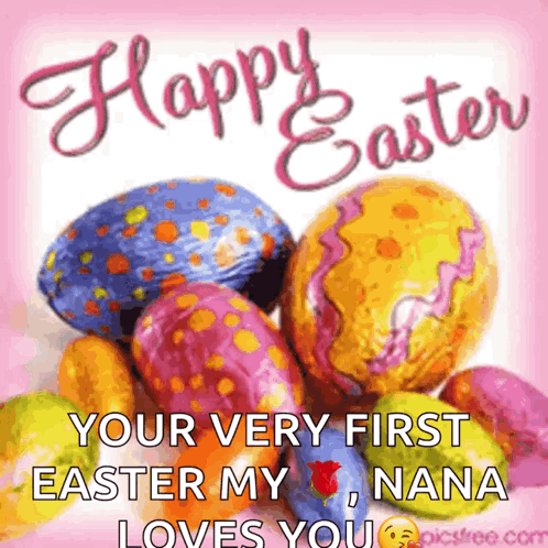 A Happy Easter Card With A Bunch Of Colorful Easter Eggs GIF