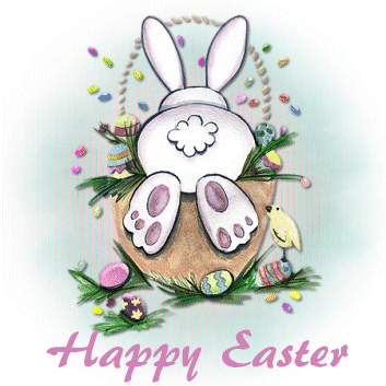 A Happy Easter Card With A Bunny And Eggs GIF