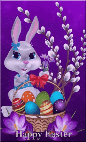 A Happy Easter Card With A Bunny Holding A Basket Full Of Eggs GIF