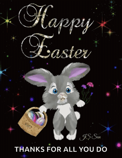 A Happy Easter Card With A Bunny Holding A Basket Of Easter Eggs GIF