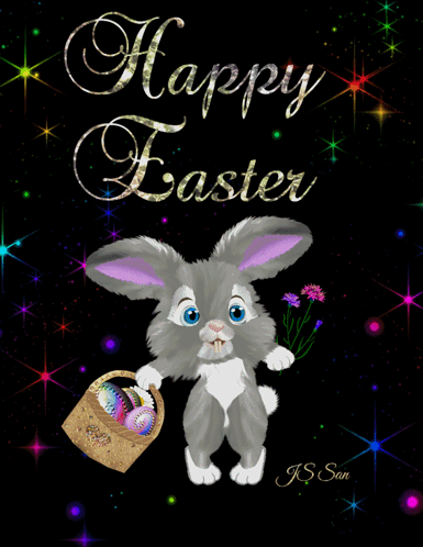 A Happy Easter Card With A Bunny Holding A Basket Of Easter Eggs GIF