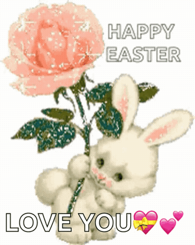 A Happy Easter Card With A Bunny Holding A Pink Flower GIF