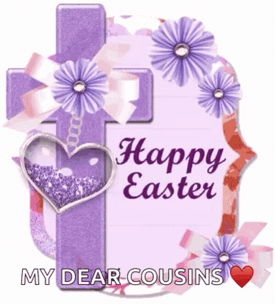 A Happy Easter Card With A Purple Cross And Purple Flowers GIF