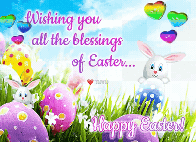 A Happy Easter Card With Easter Eggs And A Bunny GIF