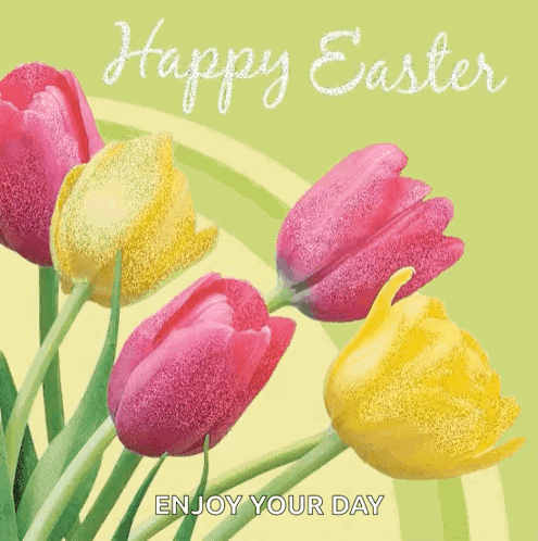 A Happy Easter Card With Pink And Yellow Flowers GIF