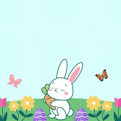 A Happy Easter Day Greeting Card With A Bunny Holding A Carrot In A Field GIF