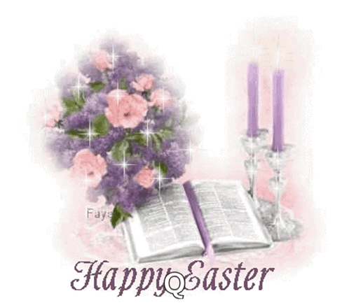 A Happy Easter Greeting Card With A Bible Candles And Flowers GIF
