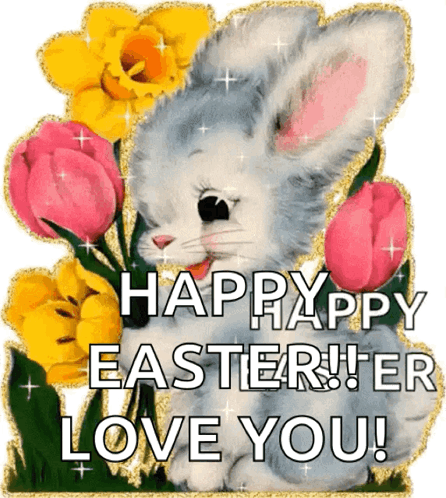 A Happy Easter Greeting Card With A Bunny Holding A Bunch Of Flowers GIF