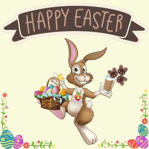 A Happy Easter Greeting Card With A Bunny Holding A Glass Of Milk GIF