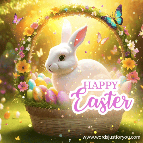 A Happy Easter Greeting Card With A Bunny In A Basket GIF