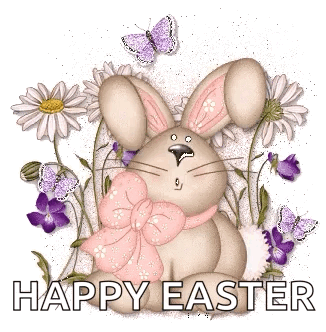 A Happy Easter Greeting Card With A Bunny Rabbit And Butterflies GIF