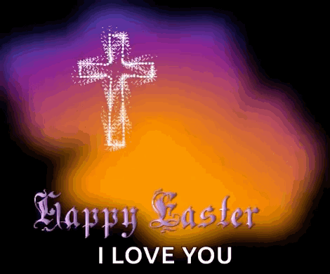 A Happy Easter Greeting Card With A Cross On A Purple And Orange Background GIF