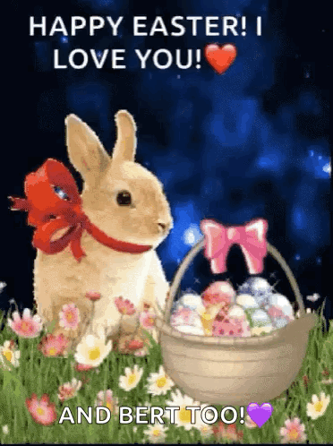 A Happy Easter Greeting Card With A Rabbit And A Basket Of Eggs GIF