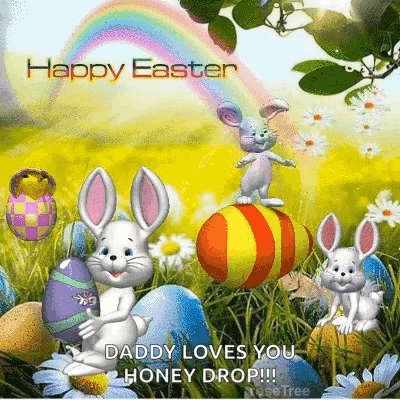 A Happy Easter Greeting Card With Bunnies And Eggs GIF