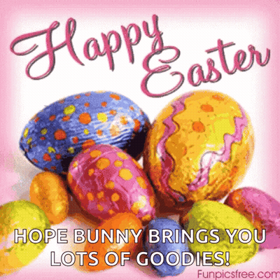 A Happy Easter Greeting Card With Easter Eggs And The Words " Hope Bunny Brings You Lots Of Goodies " GIF