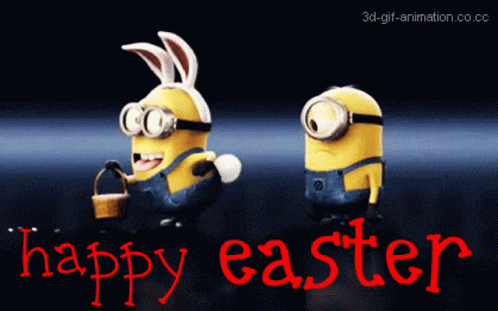 A Happy Easter Greeting Card With Two Minions Wearing Bunny Hats GIF