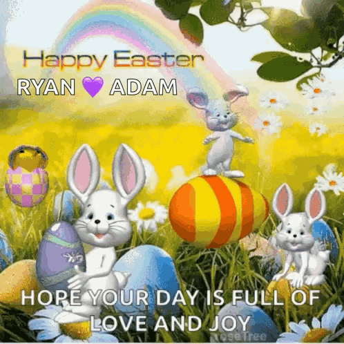 A Happy Easter Ryan Adam Greeting Card With Rabbits And Eggs GIF