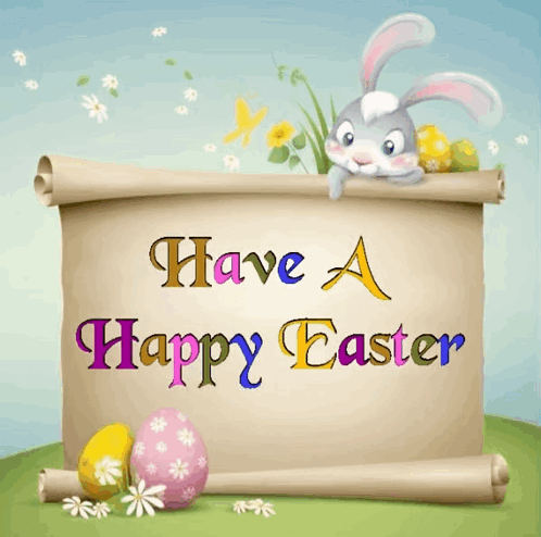 A Happy Easter Sign With A Bunny And Eggs GIF