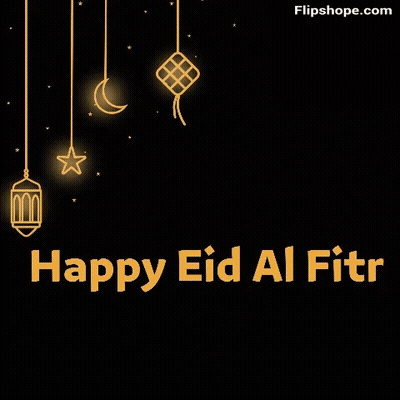 A Happy Eid Al Fitr Greeting Card With Lanterns , A Crescent Moon , And A Star . GIF